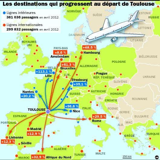 mapa de Toulouse destinos del aeropuerto