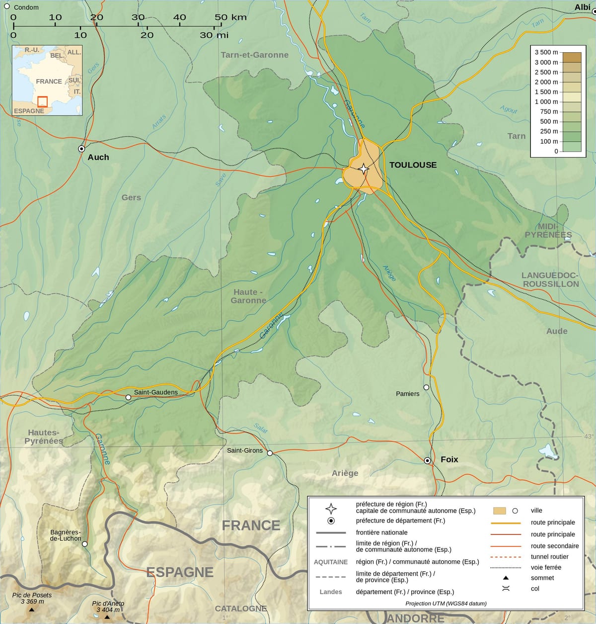 el mapa topográfico de Toulouse